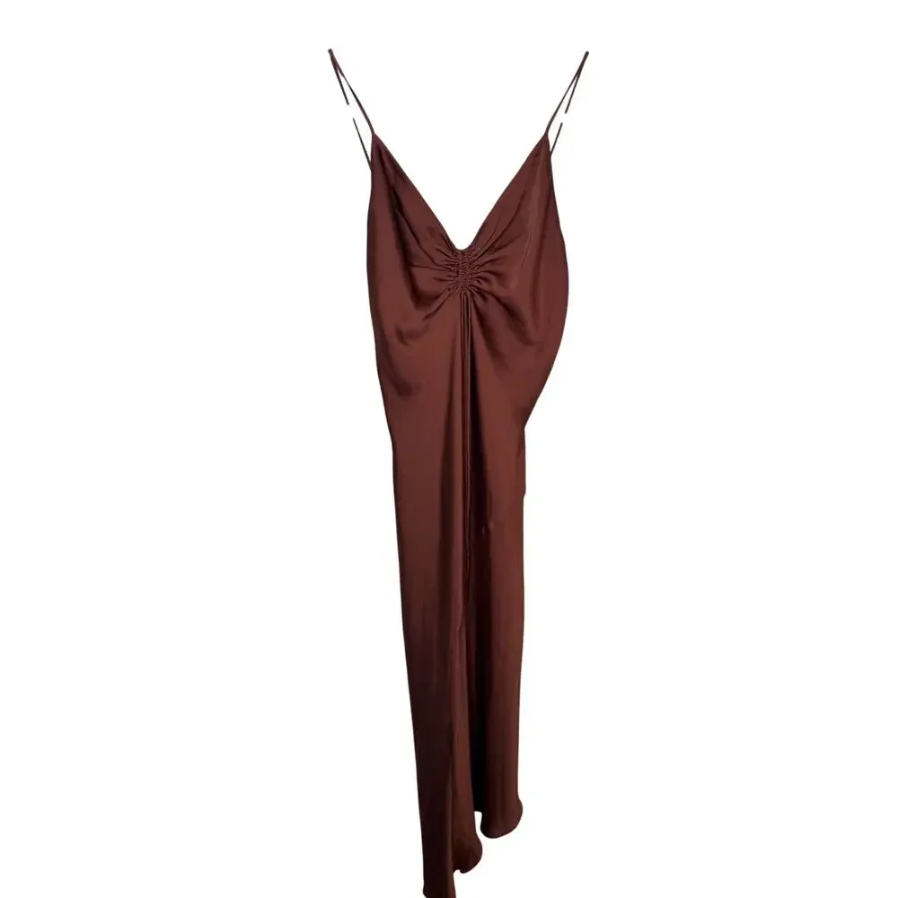 AllSaints Alexia ruched satin asymmetric midi dress in bronze Size 2 XS - Picture 3 of 8